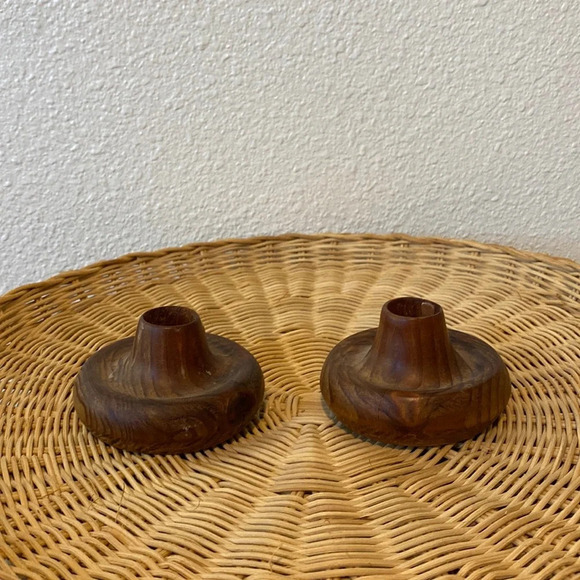 Vintage Lot of 2 Round Small Hand Turned Wood Sconce Wooden Candlestick Holder - Picture 1 of 5